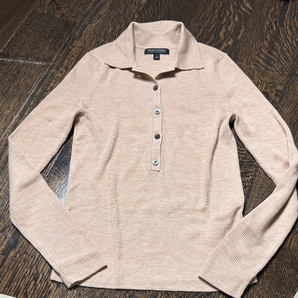 Banana Republic Neutral Ribbed Polo Button Sweater - Beige Blush